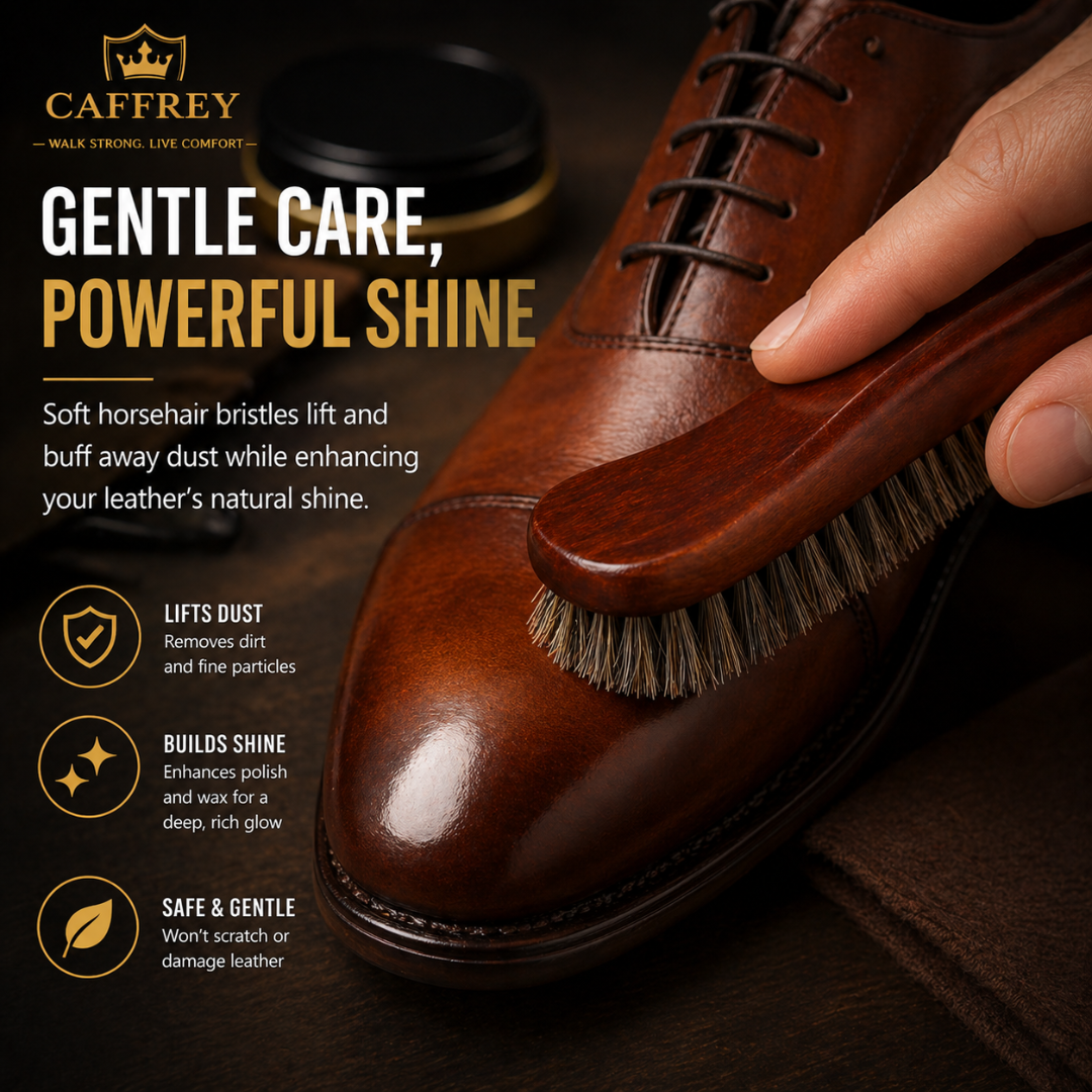 Caffrey Polishing Horsehair Shoe Shine Brush — Soft Buffing Brush with Wood Handle