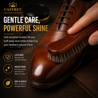 Caffrey Polishing Horsehair Shoe Shine Brush — Soft Buffing Brush with Wood Handle
