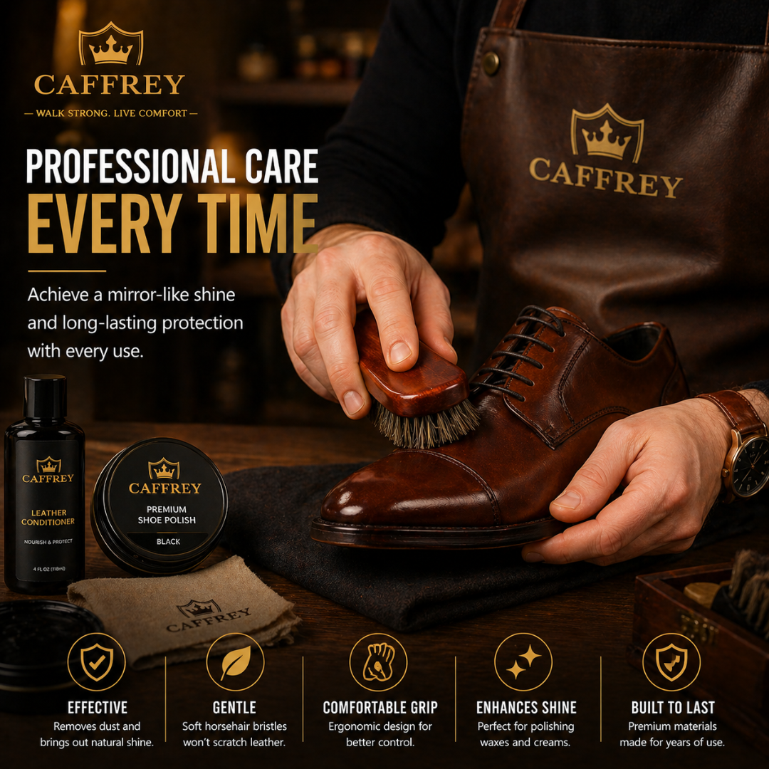 Caffrey Polishing Horsehair Shoe Shine Brush — Soft Buffing Brush with Wood Handle