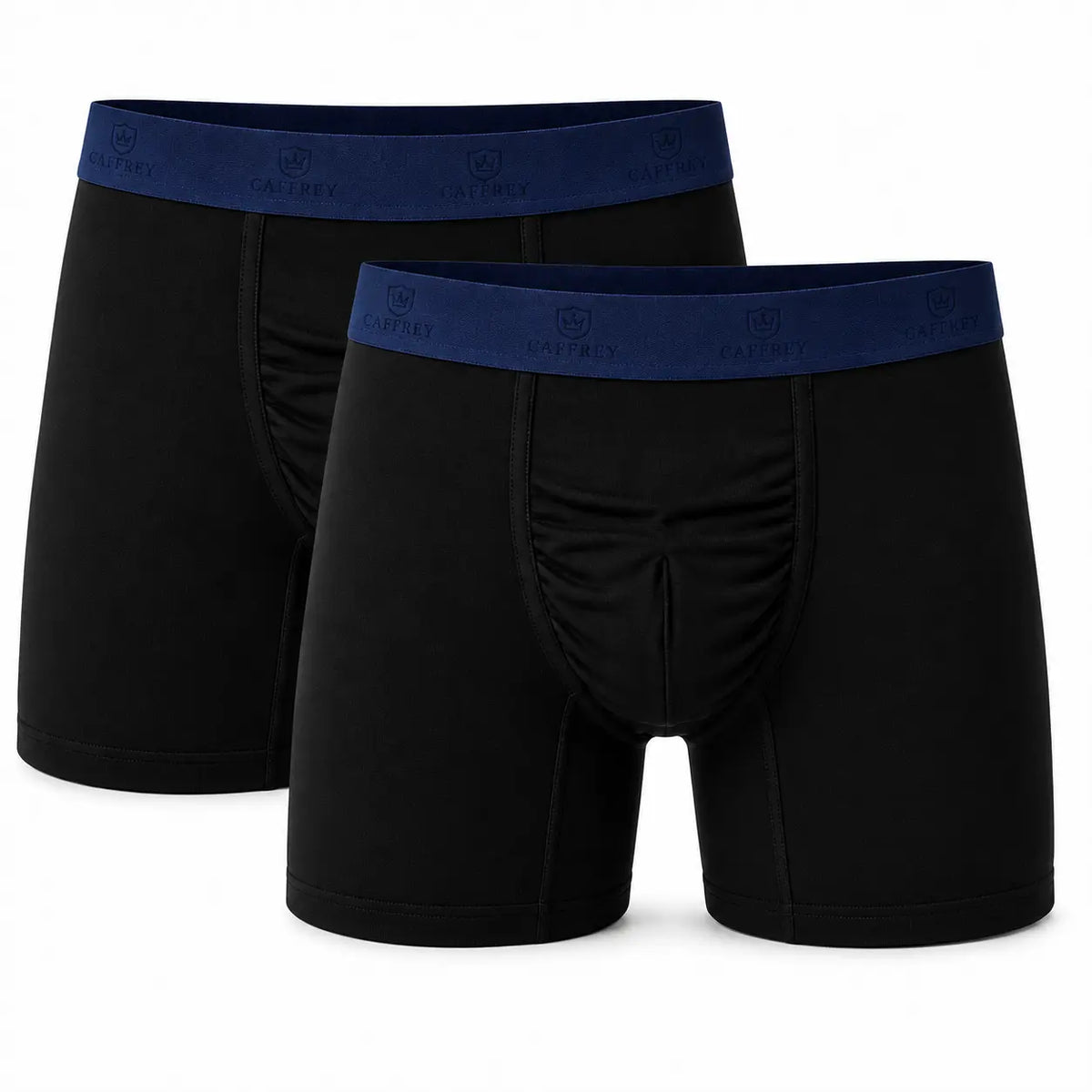 Two black CAFFREY Ballroom boxer briefs with navy waistbands and the repeated simple shield logo
