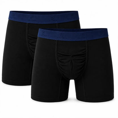 Two black CAFFREY Ballroom boxer briefs with navy waistbands and the repeated simple shield logo