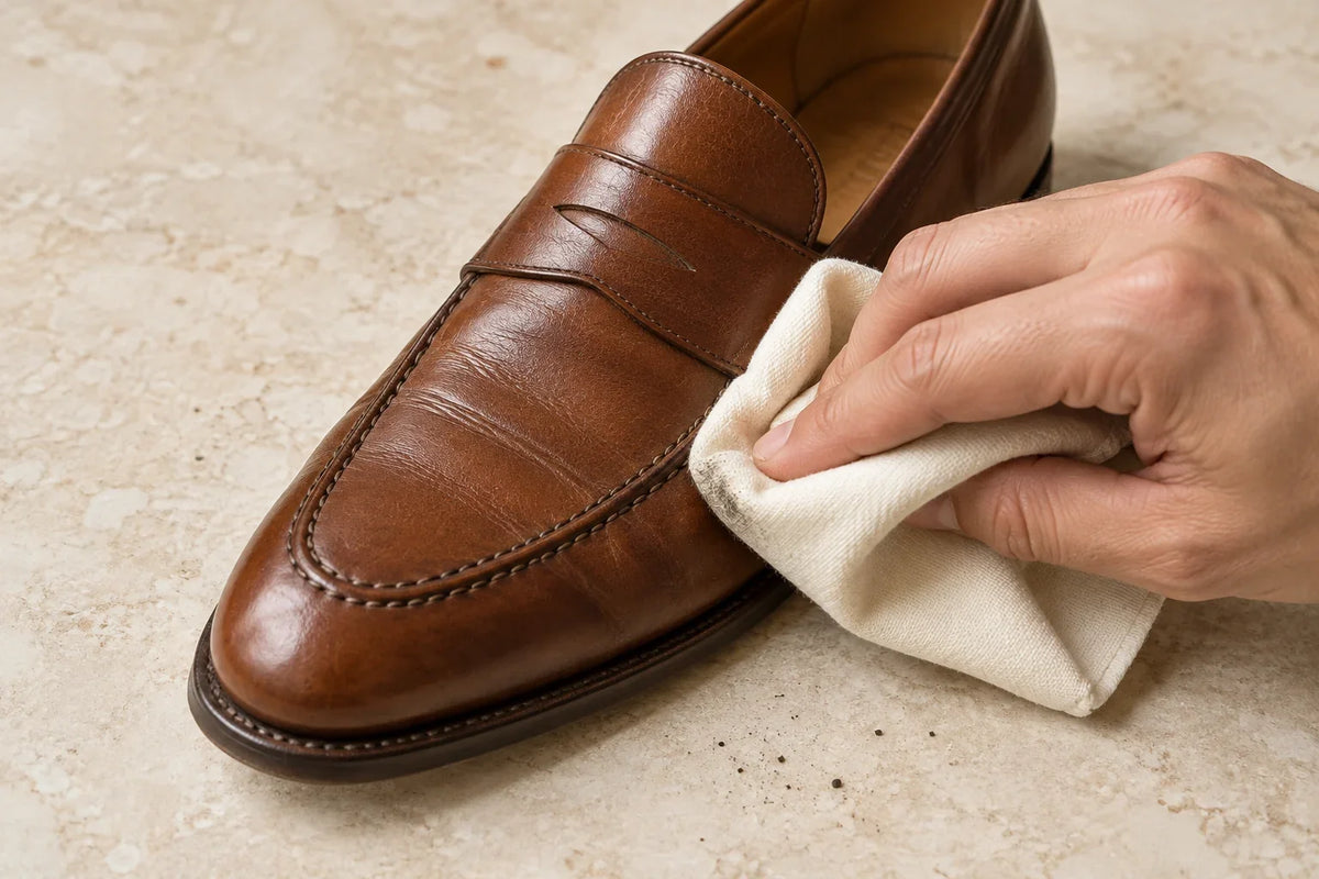 Editorial illustration: a soft cloth lifting surface dust from smooth leather; leather goods and cloth not included