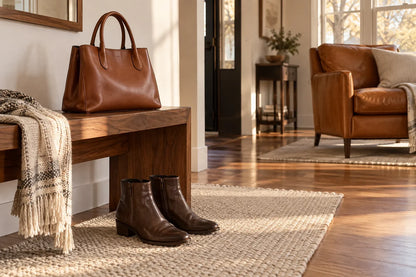 Editorial illustration: smooth-leather boots, a handbag and an armchair; leather goods not included