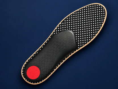 Maestro underside showing the flexible fibre forefoot backing, black support structure and red heel cushion