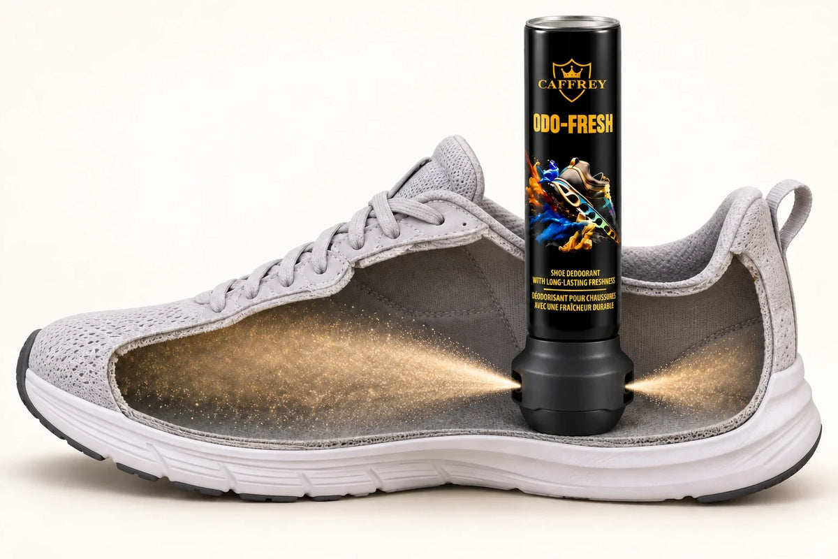 Illustrated shoe cutaway showing the Odo Fresh dual-sided head directing spray toward the toe and heel