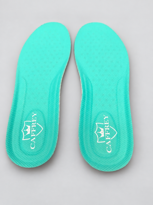 CAFFREY Odour Smart insoles, one pair with white CAFFREY crown and shield heel logos on green anti-odour fabric