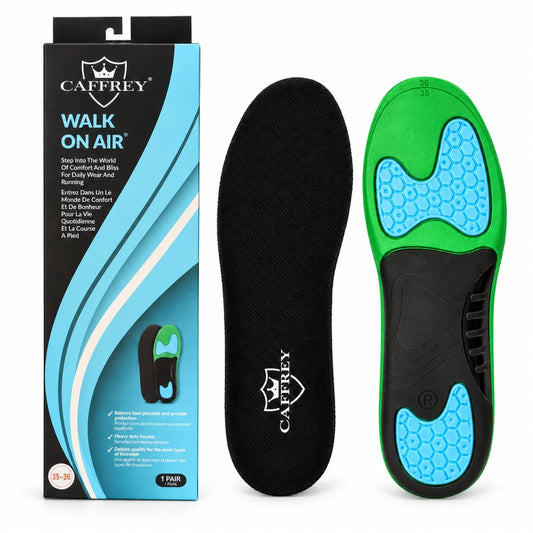 CAFFREY Walk On Air retail box beside one pair of insoles, showing the black fabric top and green underside with blue gel pads