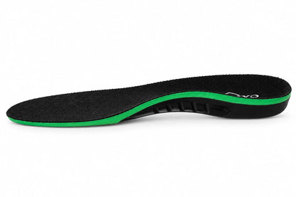 Side profile of a Walk On Air insole showing the thin green forefoot, contoured black arch support and heel cup