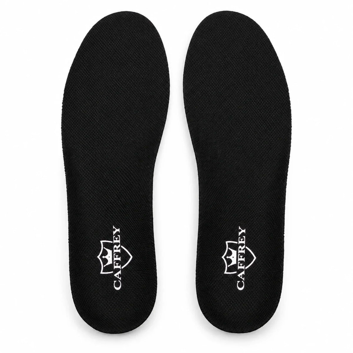 Pair of CAFFREY Walk On Air insoles with black fabric tops and white CAFFREY marks near the heels