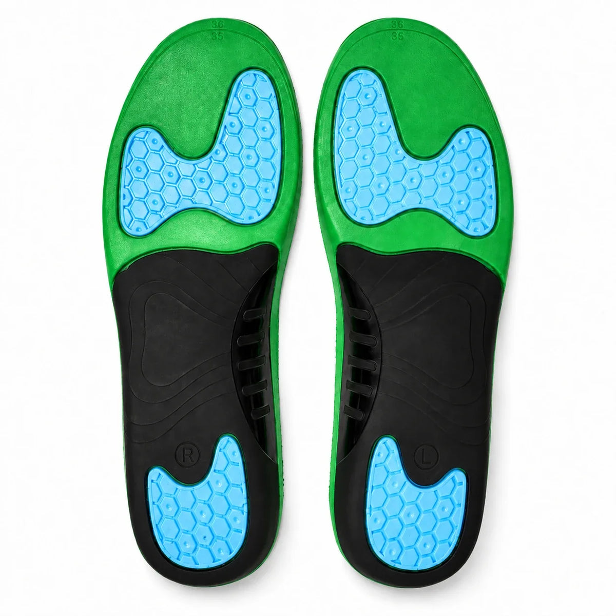 Pair of CAFFREY Walk On Air insoles, showing green foam, black arch supports and blue honeycomb gel pads at the heel and forefoot