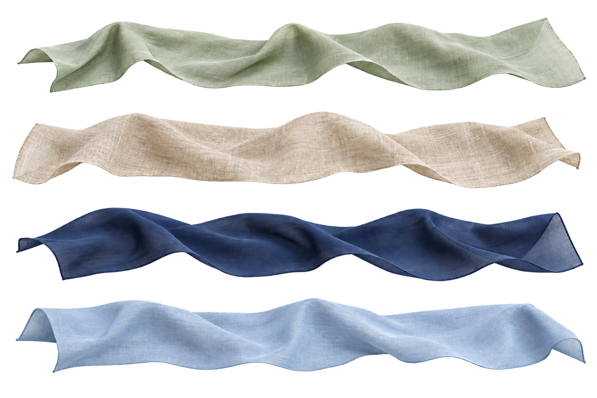 Illustration of four thin, lightweight fabrics: sage cotton, natural linen, navy polyester and pale blue blends