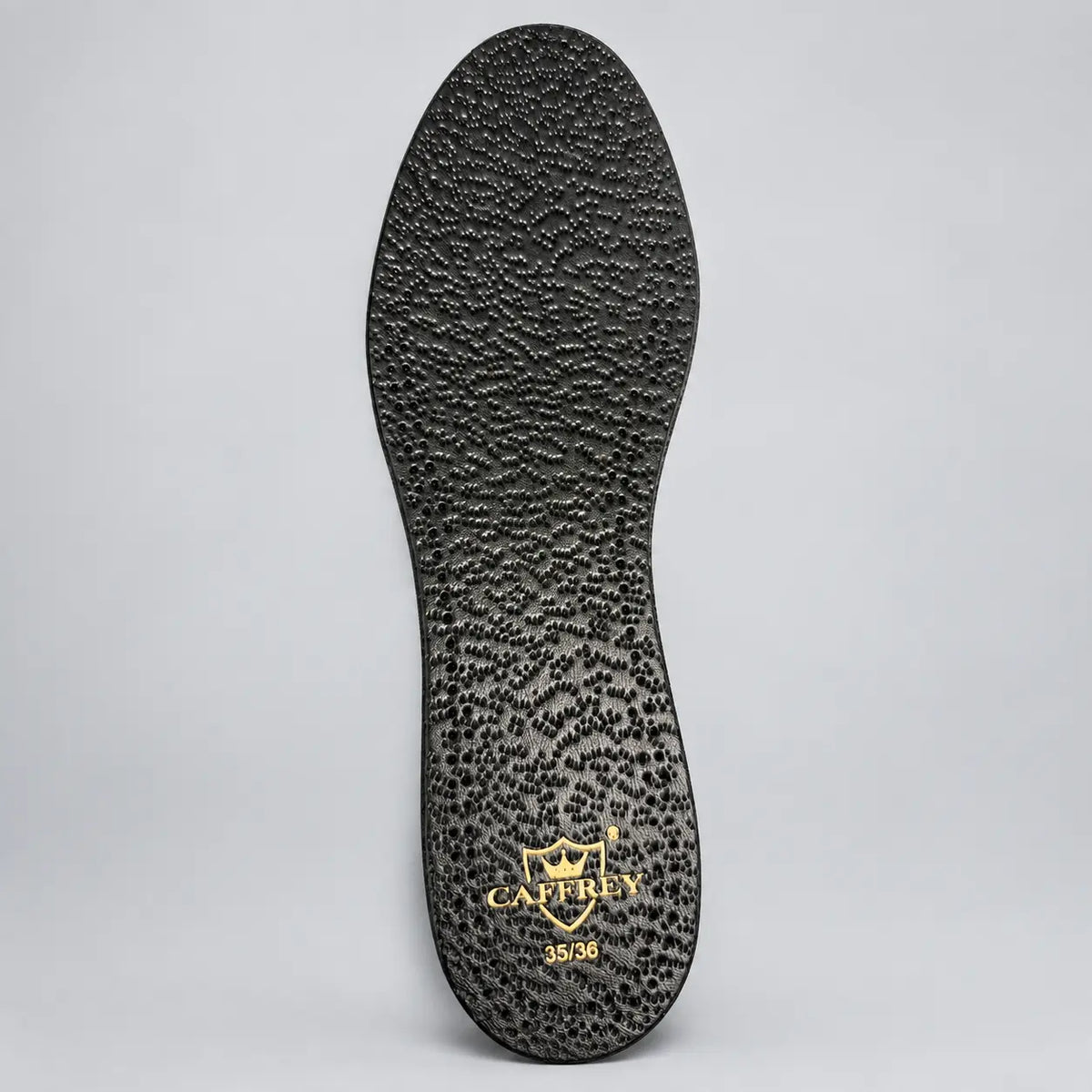 CAFFREY Eleganza Noire black textured sheep-leather insole with gold heel mark; sample size shown