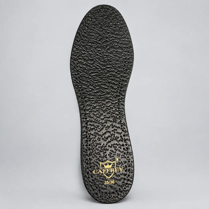 CAFFREY Eleganza Noire black textured sheep-leather insole with gold heel mark; sample size shown