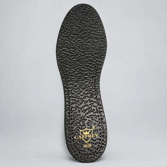 CAFFREY Eleganza Noire black textured sheep-leather insole with gold heel mark; sample size shown