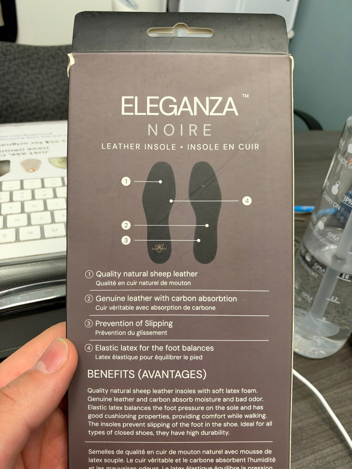 Original Eleganza Noire packaging listing sheep leather, latex foam and carbon