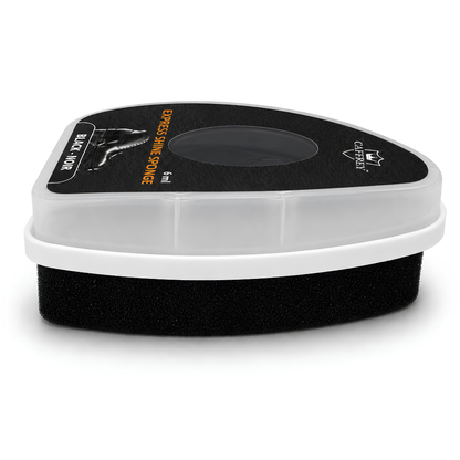 CAFFREY Express Shine Sponge in Black, intact applicator viewed from the side
