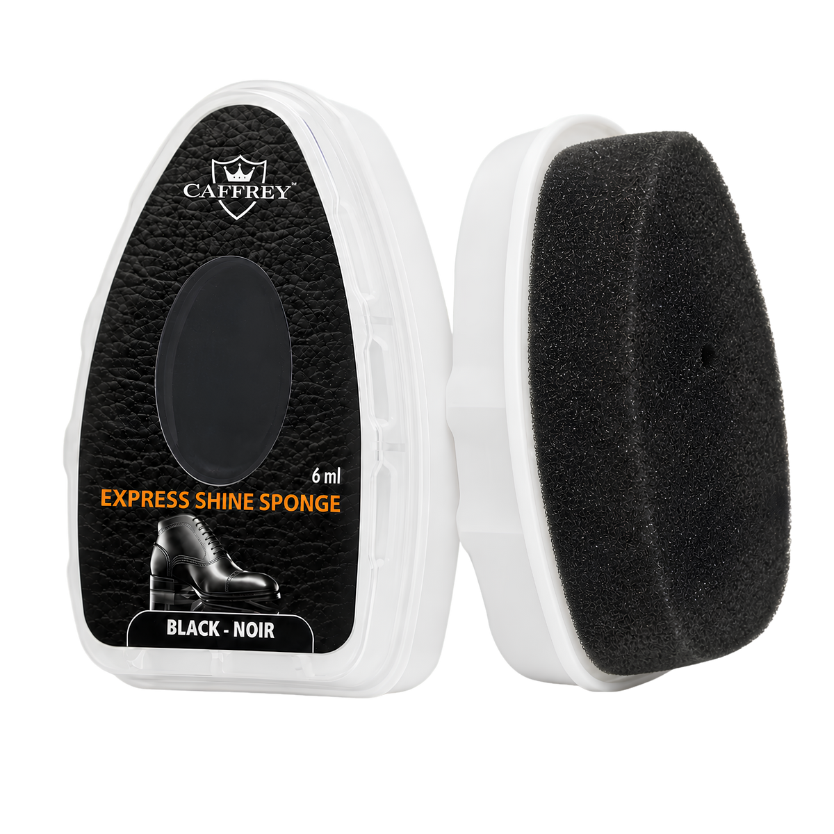 CAFFREY Express Shine Sponge in Black, front and foam applicator views