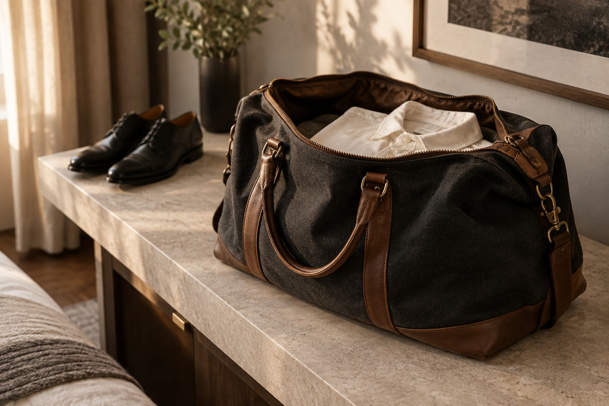 A packed overnight bag and black dress shoes in a generated travel scene; the real Express product is shown separately