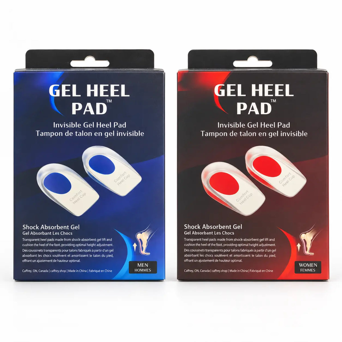 Blue Men and red Women CAFFREY Gel Heel Pad retail packaging