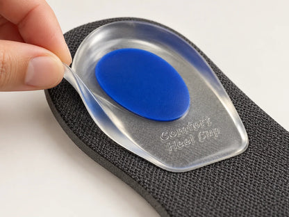 Detail illustration of a hand lifting the flexible clear edge of a blue gel heel pad from an existing shoe insole