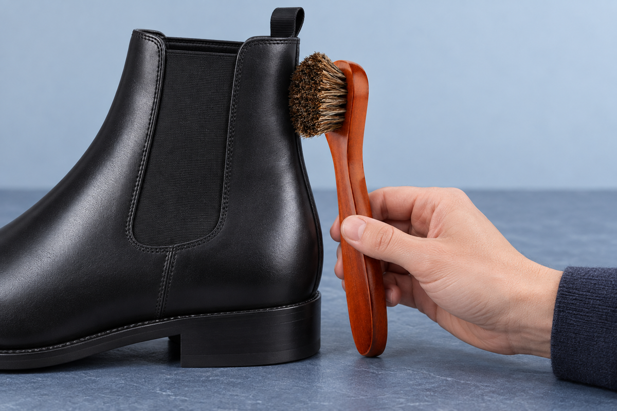CAFFREY long-handled applicator touching a black smooth-leather boot
