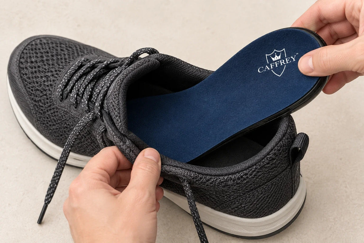 Inserting Step Aid toe first into a walking shoe, navy fabric and white CAFFREY heel logo facing up