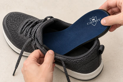 Inserting Step Aid toe first into a walking shoe, navy fabric and white CAFFREY heel logo facing up