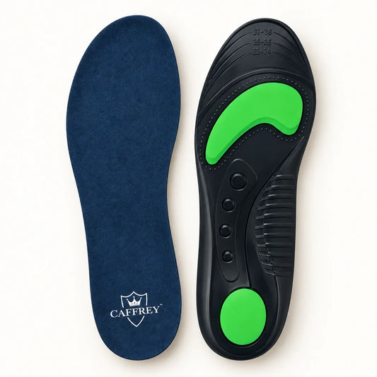 Full front and back of CAFFREY Step Aid: navy fabric with white heel logo and dark underside with green heel and forefoot pads