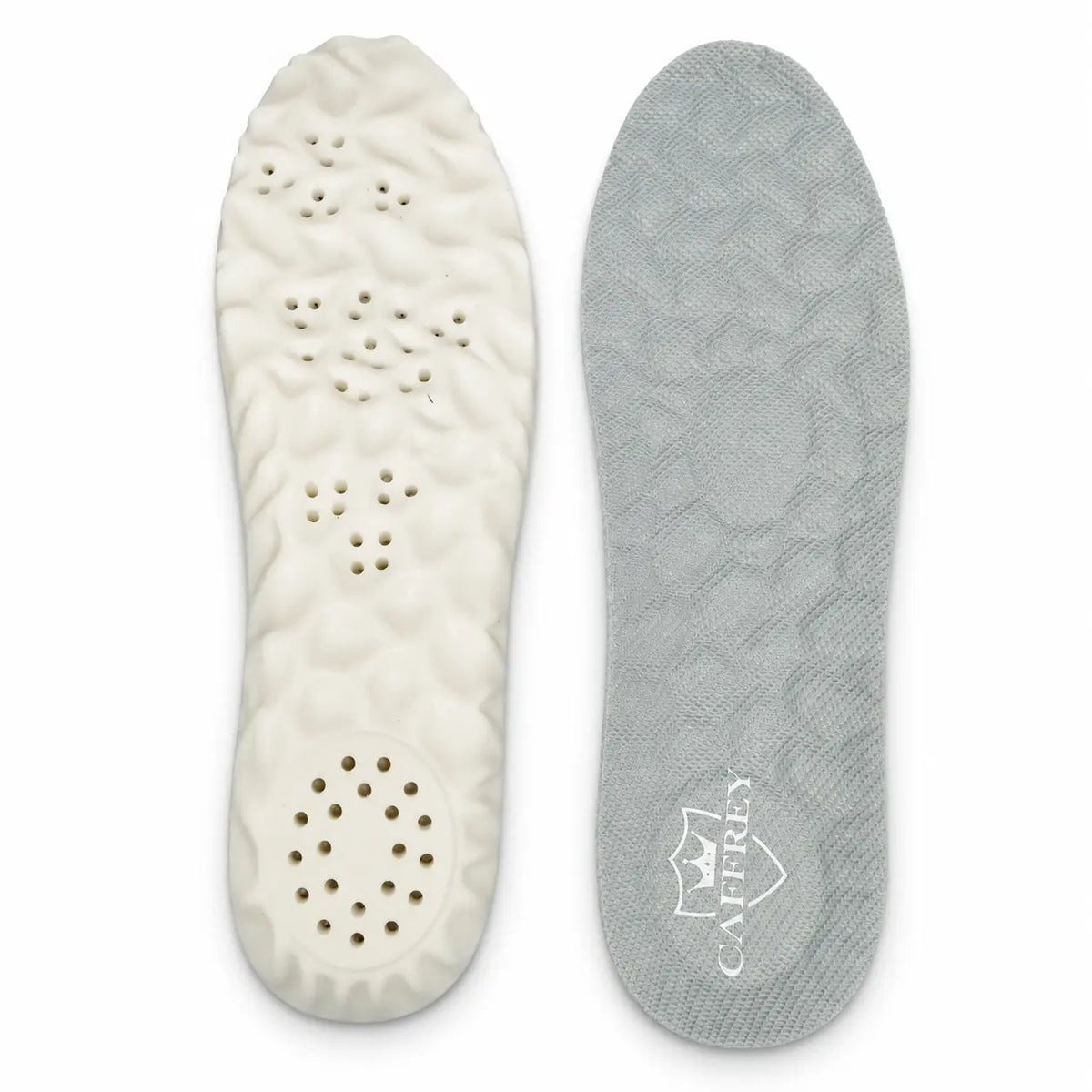 CAFFREY Vital Step pair: white perforated underside beside grey CAFFREY fabric upper