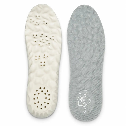 CAFFREY Vital Step pair: white perforated underside beside grey CAFFREY fabric upper