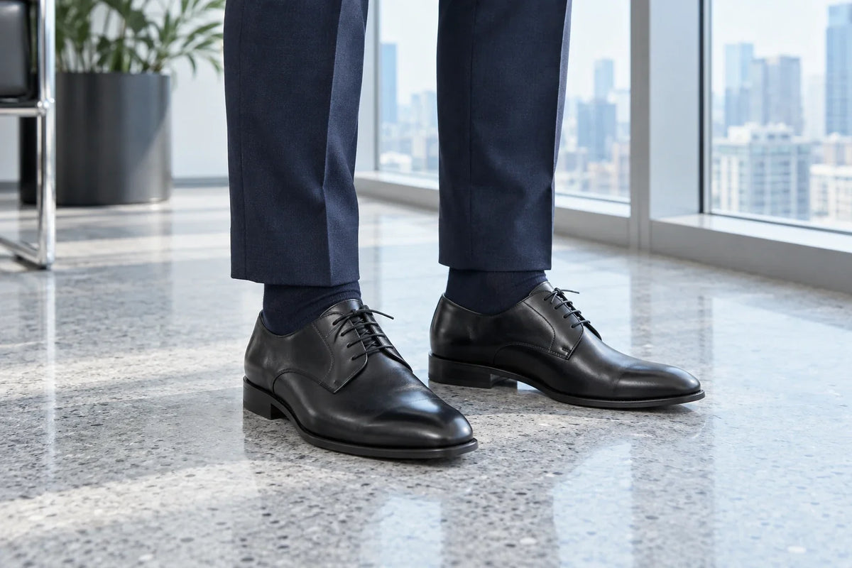 Black Derby dress shoes worn with navy trousers; illustrative everyday dress-shoe setting