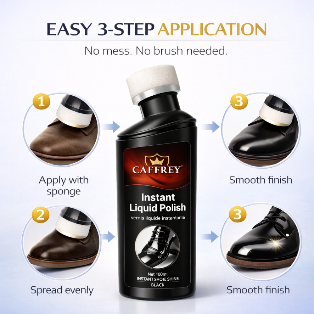 Caffrey Liquid Shoe Polish with Sponge Applicator – Instant Shine & Leather Conditioner for Shoes, Boots & Bags – Quick Dry, Eco-Friendly, Non-Toxic Formula – 100ml