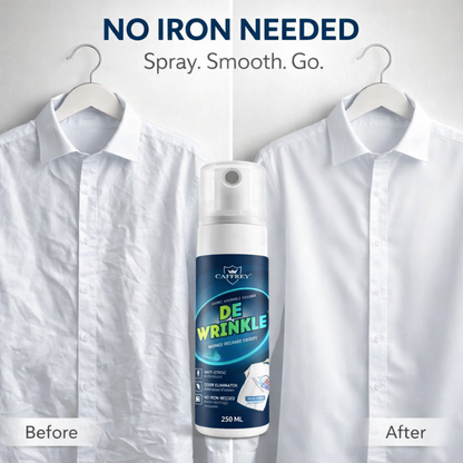 Caffrey DEWRINKLE Fabric Wrinkle Releaser Spray 250ml – No Iron Needed Clothes Wrinkle Remover, Anti-Static & Odor Eliminator, Instant Fabri