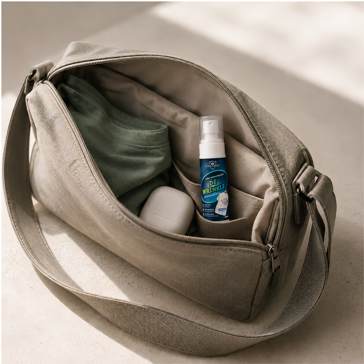 CAFFREY DeWrinkle 60 ml tucked inside a small everyday bag