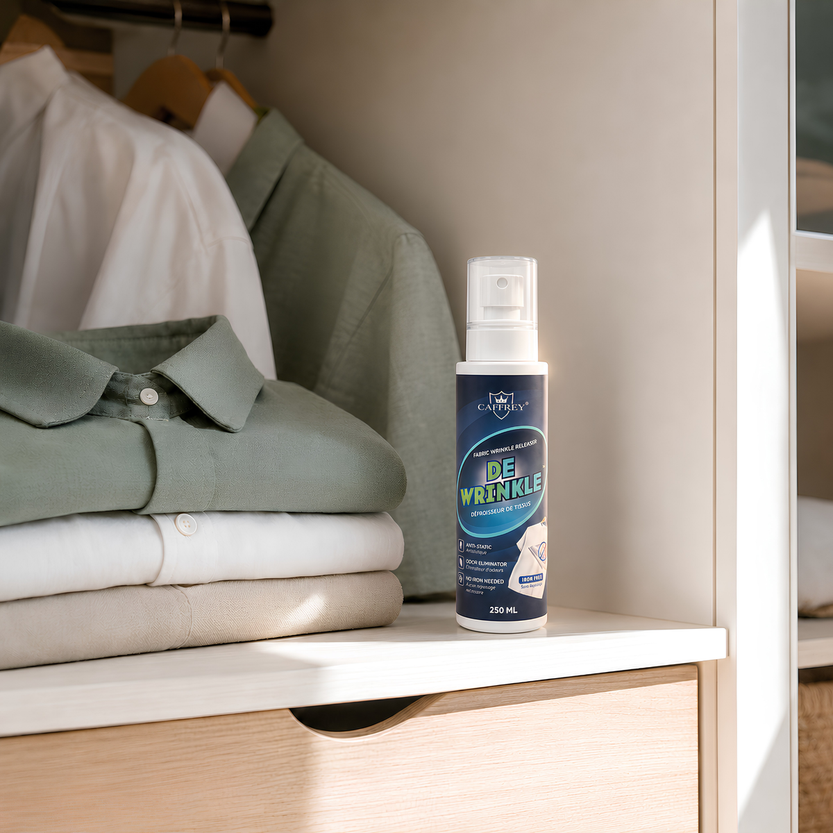 CAFFREY DeWrinkle 250 ml stored beside folded shirts in a wardrobe