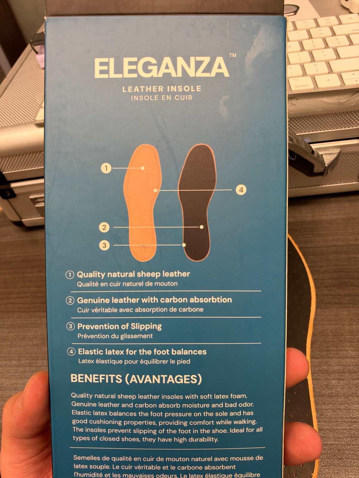 Owner photograph of Eleganza packaging listing natural sheep leather, carbon absorption and elastic latex