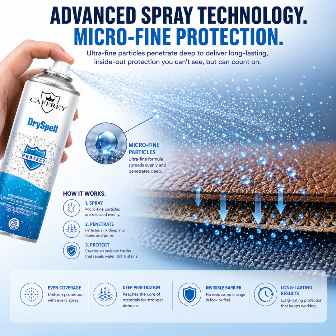 Caffrey DrySpell — All-Purpose Water & Stain Protector Spray, Fabric, Leather, Suede, Canvas, Shoes, Jackets, Car Seats, Long-Lasting Waterproofing & Anti-Stain Protection (24-Hour Shield) 300ml