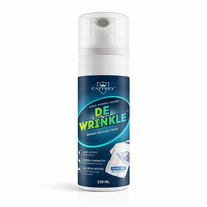 Caffrey DEWRINKLE Fabric Wrinkle Releaser Spray 250ml – No Iron Needed Clothes Wrinkle Remover, Anti-Static & Odor Eliminator, Instant Fabri