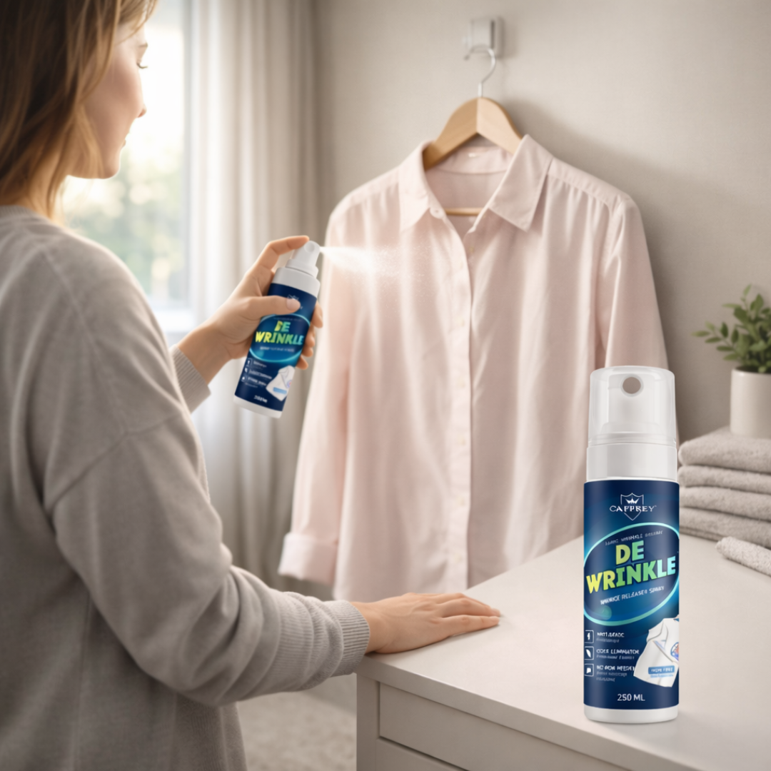 Caffrey DEWRINKLE Fabric Wrinkle Releaser Spray 250ml – No Iron Needed Clothes Wrinkle Remover, Anti-Static & Odor Eliminator, Instant Fabri
