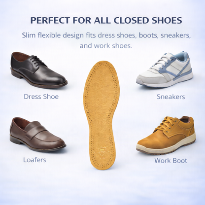 Caffrey Eleganza Natural Sheep Leather Insoles - Soft Latex Foam Cushioning - Shoe Odor Eliminator - Slip Prevention - Ideal for Men & Women's Closed Shoes - Durable, Moisture Absorbing