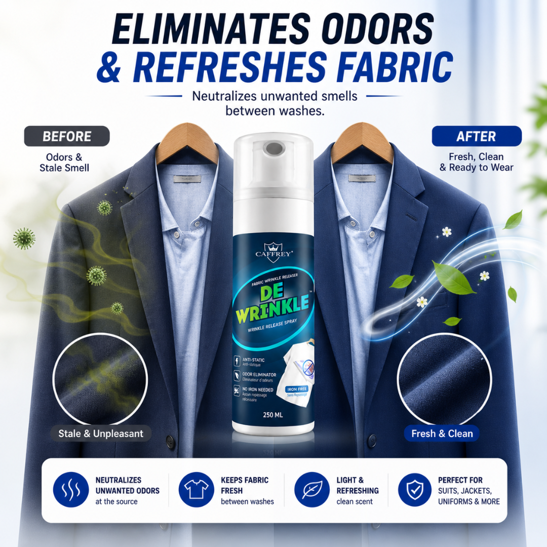 Caffrey DEWRINKLE Fabric Wrinkle Releaser Spray 250ml – No Iron Needed Clothes Wrinkle Remover, Anti-Static & Odor Eliminator, Instant Fabri