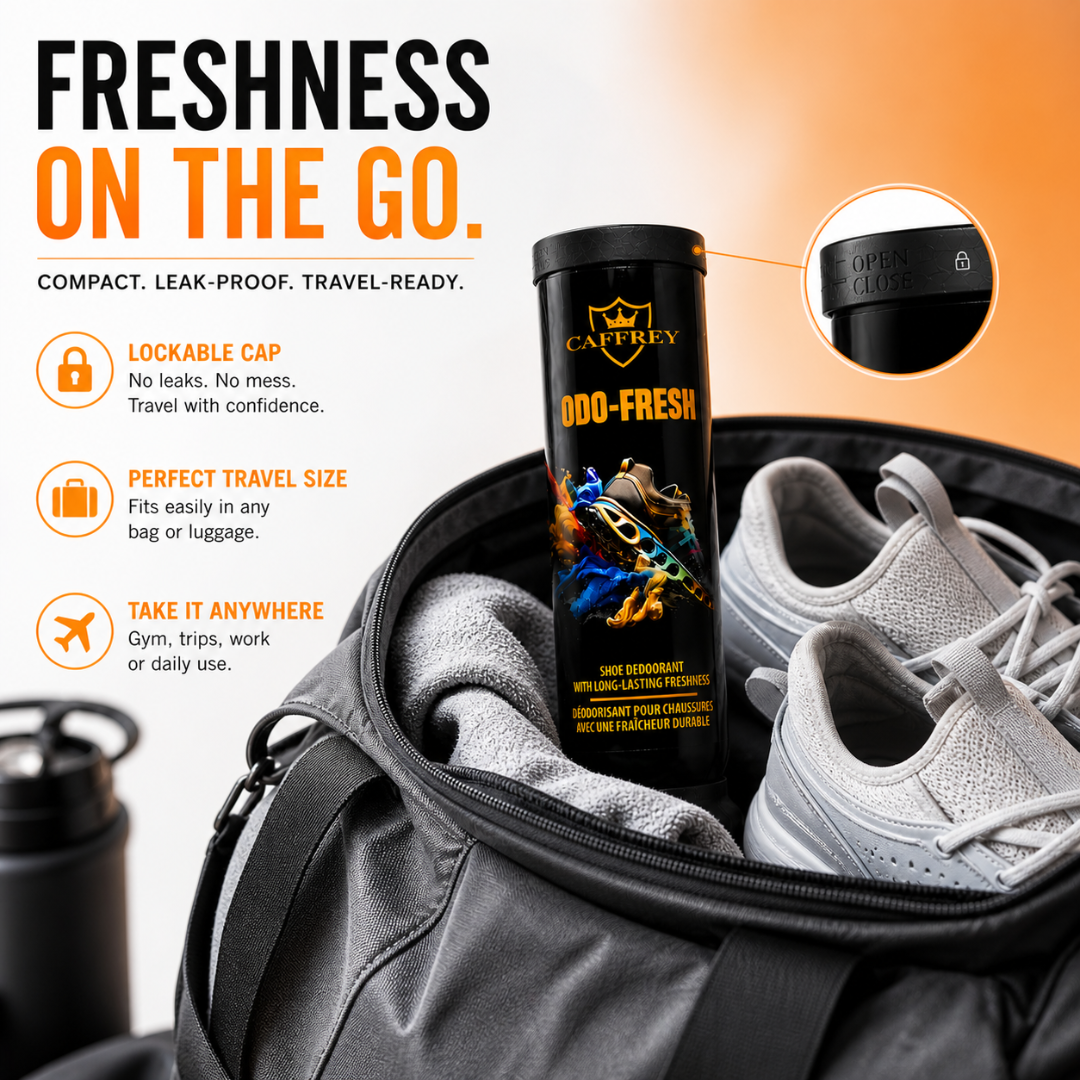 Caffrey Odo Fresh Shoe Spray – Travel-Friendly Shoe Deodorizer with Antibacterial Formula, Pleasant Fragrance, Dual-Sided Spray for Full Coverage, Lockable Cap, 100ml, Eliminates Odor and Bacteria