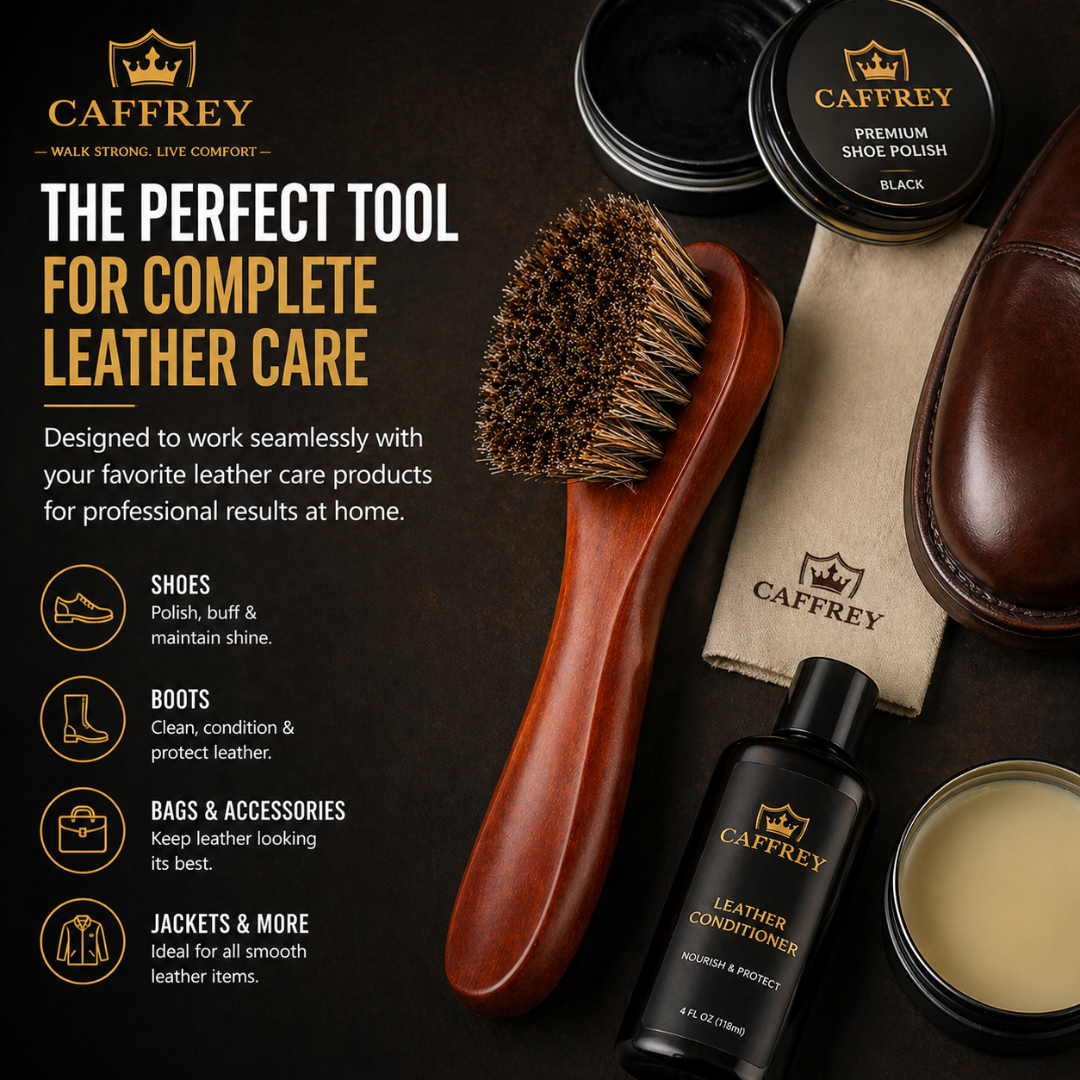 Caffrey Polishing Horsehair Shoe Shine Brush — Soft Buffing Brush with Wood Handle