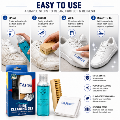 Caffrey Premium Shoe Cleaning Kit – Multi-Surface Leather, Suede & Sneaker Cleaner with Brush, Cleaning Solution & Cloth, Non-Discoloring Formula Safe for White Shoes