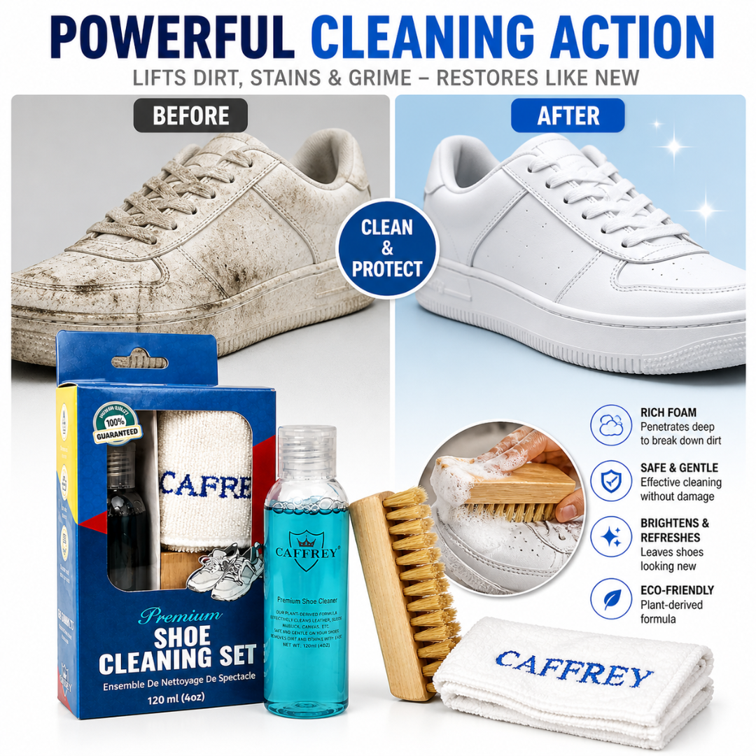 Caffrey Premium Shoe Cleaning Kit – Multi-Surface Leather, Suede & Sneaker Cleaner with Brush, Cleaning Solution & Cloth, Non-Discoloring Formula Safe for White Shoes
