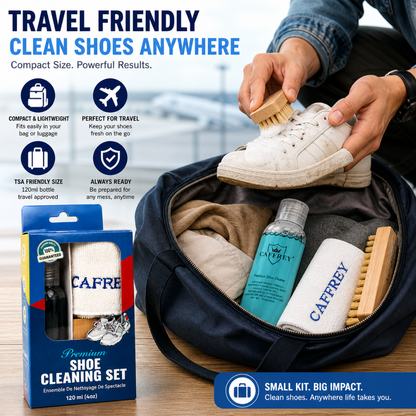 Caffrey Premium Shoe Cleaning Kit – Multi-Surface Leather, Suede & Sneaker Cleaner with Brush, Cleaning Solution & Cloth, Non-Discoloring Formula Safe for White Shoes