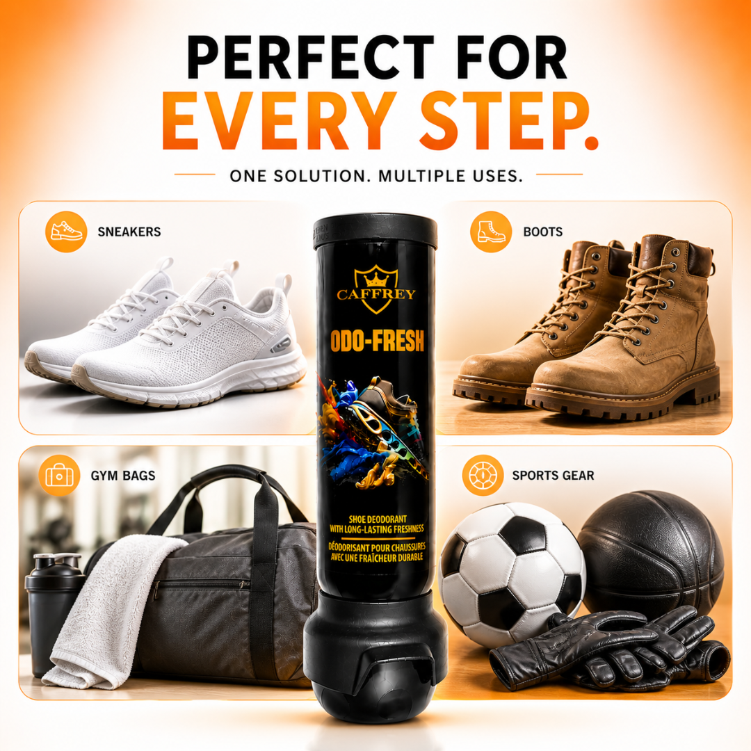Caffrey Odo Fresh Shoe Spray – Travel-Friendly Shoe Deodorizer with Antibacterial Formula, Pleasant Fragrance, Dual-Sided Spray for Full Coverage, Lockable Cap, 100ml, Eliminates Odor and Bacteria