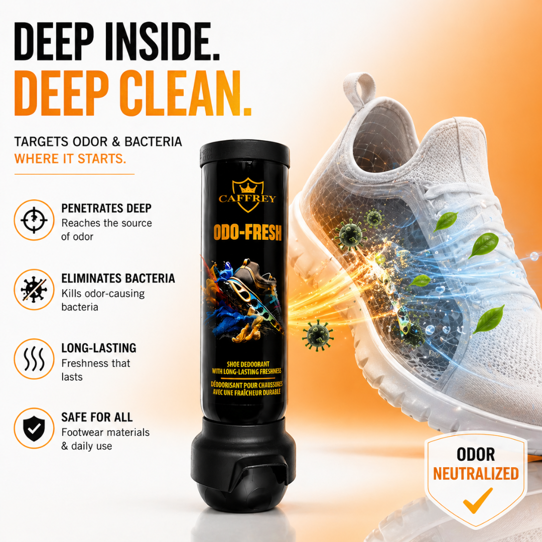 Caffrey Odo Fresh Shoe Spray – Travel-Friendly Shoe Deodorizer with Antibacterial Formula, Pleasant Fragrance, Dual-Sided Spray for Full Coverage, Lockable Cap, 100ml, Eliminates Odor and Bacteria