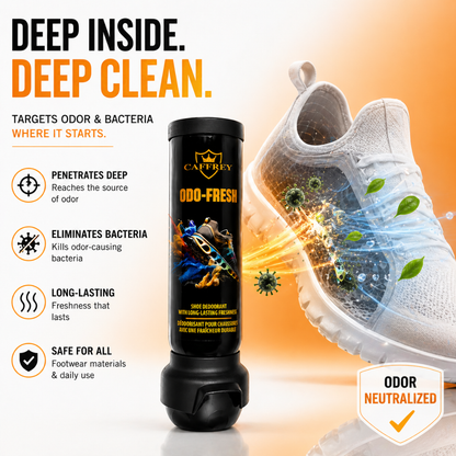 Caffrey Odo Fresh Shoe Spray – Travel-Friendly Shoe Deodorizer with Antibacterial Formula, Pleasant Fragrance, Dual-Sided Spray for Full Coverage, Lockable Cap, 100ml, Eliminates Odor and Bacteria