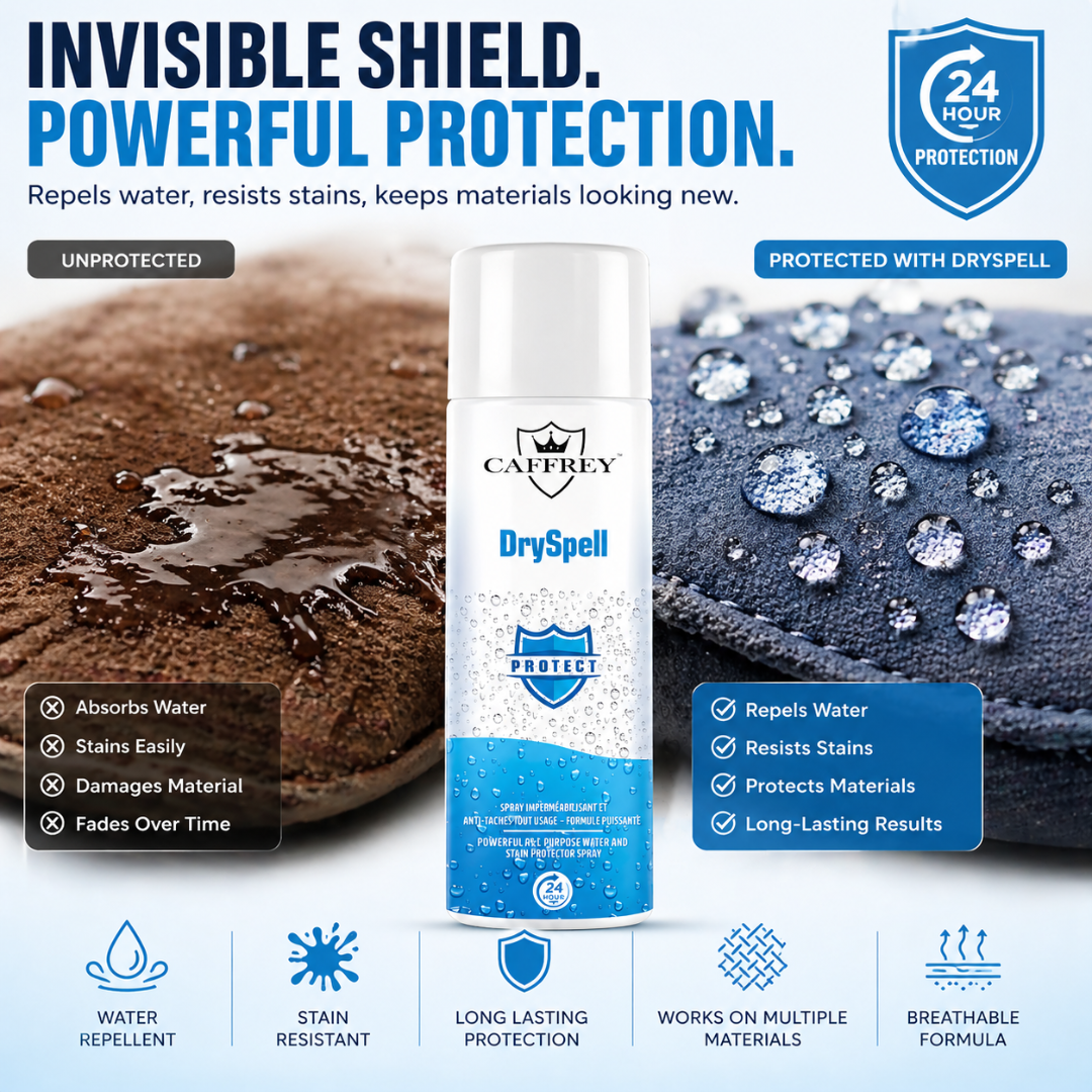 Caffrey DrySpell — All-Purpose Water & Stain Protector Spray, Fabric, Leather, Suede, Canvas, Shoes, Jackets, Car Seats, Long-Lasting Waterproofing & Anti-Stain Protection (24-Hour Shield) 300ml